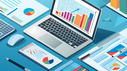 Laptop position in business analysis perspective, space for text, vector illustration