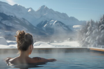 Fototapeta premium She finds peace and calm surrounded scenic landscape. Luxurious soaking bath creates serene balanced moment. Image symbolizes perfect balance human comfort and nature.