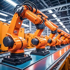 Robot Factory - An assembly line in a high-tech robot factory with robots being built.
