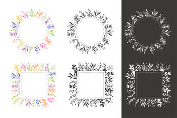 Elegant floral logo elements. Borders and dividers, frame corners, and branch leaves for invitation save the date card. Botanical rustic trendy greenery
