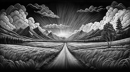 Black and white engraving of the landscape with road among the nature, fields and mountains. Dramatic sunset sky with clouds and sunrays. AI generated illustration