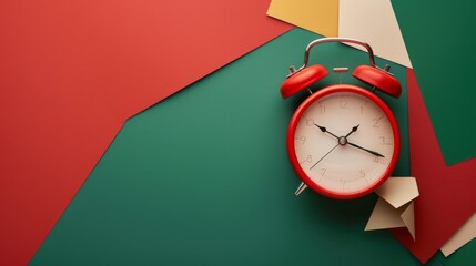 This image features a vibrant red alarm clock placed on a colorful geometric abstract background with shades of red, green, yellow, and cream, creating a visually appealing composition.