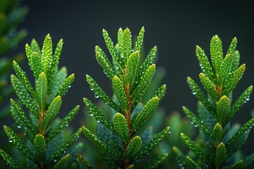 Three green leaves with droplets of water on them