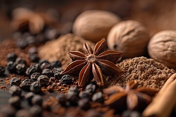 A close up of a spice mix with a star shaped spice on top