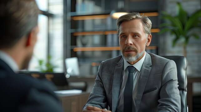 An HR manager conducting a one-on-one retention interview in a sleek office, professional attire, attentive listening, supportive environment