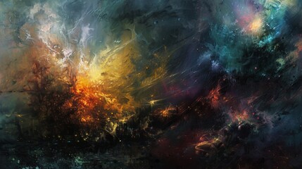 A dynamic and colorful abstract depiction of a cosmic explosion, featuring vibrant hues and swirling energy, embodying chaos and beauty within a dark backdrop.