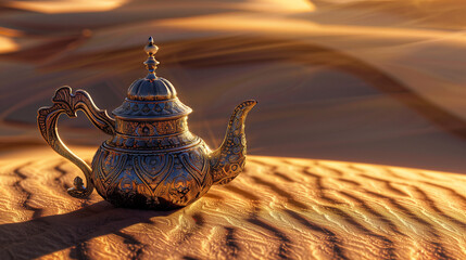 Ornate Brass Teapot on Desert Sand at Sunset