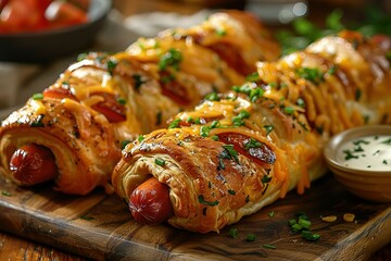 Two hot dogs are wrapped in dough and covered in cheese