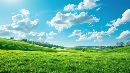 Fototapeta premium Tranquil beauty of springtime nature in peaceful countryside landscape. Green grass, blue sky, white clouds, rolling hills. copy space for text.