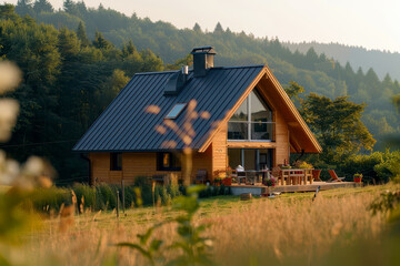 Obraz premium A wooden cottage in the mountains. Built in the style of modern architecture. AI generative.