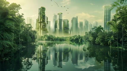 Fototapeta premium Futuristic Green City with Skyscrapers and Lush Vegetation