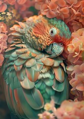 Obraz premium A parrot surrounded by a sea of ​​​​tiny flowers. 8k