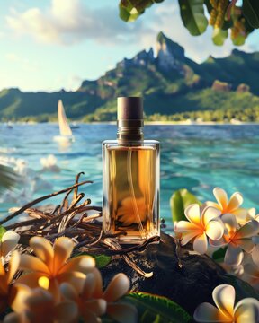 realistic packshot of a perfume with tahitian vanilla flowers and the sea of   Tahiti in background, hyperdetailed, photorealistic, Canon EOS R5 camera, 8k,