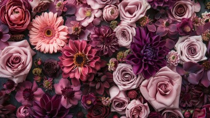 This image showcases a beautiful close-up arrangement of various pink and purple flowers, including roses and dahlias, with varying textures and shades creating a stunning visual effect.