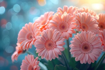A bouquet of pink flowers with a blue background