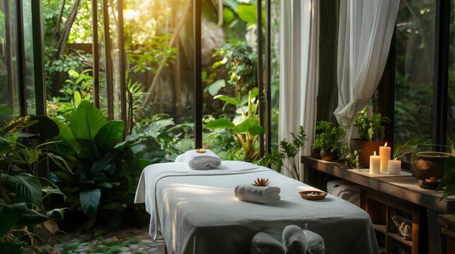 A massage room in a tropical paradise. Surrounded by nature and trees, it offers a relaxing spa treatment. The serene setup at the resort is perfect for enjoyment and therapy. Natural Wellness Salon