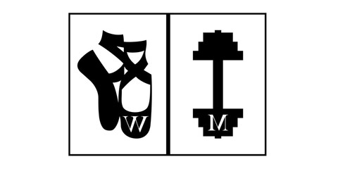 Ballet slippers and dumbbell icons symbolizing women's and men's activities. A graphic representation contrasting ballet shoes with a dumbbell, suggesting distinct gendered activities or interests © Melnychukfree