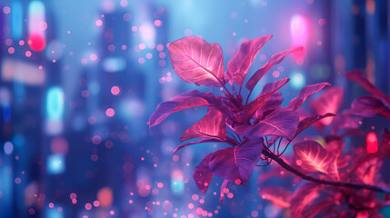 A close-up of a glowing pink plant in front of a blurred city lights backdrop.