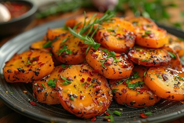 A plate of food with a lot of carrots and herbs on top