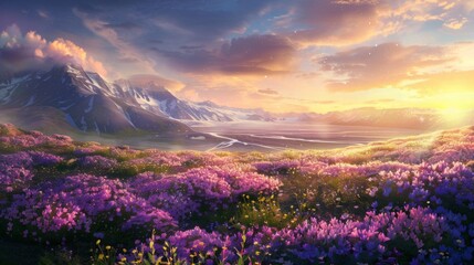 A breathtaking landscape depicting a vast field of purple flowers under a golden sunset, with majestic mountains in the background and a tranquil valley below.