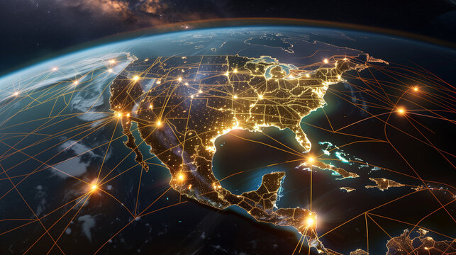Global Network Connections Over North America at Night