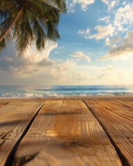 SCENE Empty wood table top with beach blurred background for product display COMPOSITION with copy space for product placement IMAGETYPE photo