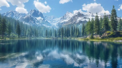Photo of untouched nature and landscape. A lake at the foot of snow-covered mountains with clear and clean water is surrounded by forest. Great valley for camping and travel, tourism, and adventure
