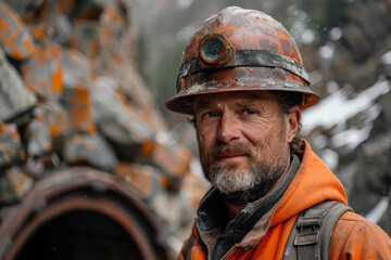 Naklejka premium Miner, face obscured, dons orange safety helmet and denim attire, hinting at days hard labor