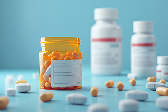 Prescription pill bottles and pills spilled on a blue table. Medical and phamacy concept. Generative ai.