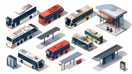 Isometric City Public Transport Set.  Modern Buses and Bus Stops for Urban Commuting and Transportation Illustration