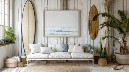 A cozy living room decorated with a beach theme featuring surfboards, plants, and large painting of a serene beach The room exudes relaxed and coastal vibe with white walls and wooden elements
