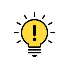 Light bulb with exclamation mark icon in flat design. Warning sign symbol