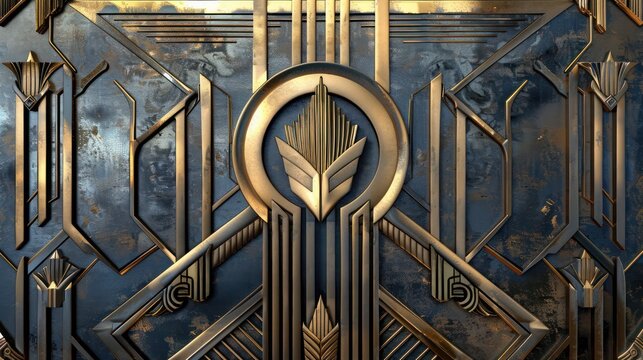 rt deco-inspired screen wall with bold, symmetrical patterns and a metallic finish