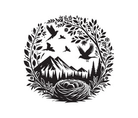 NatureNest Illustrations vector art graphic resources silhouette vector style, white background