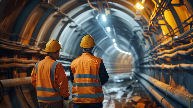 Two engineers in reflective vests inspecting a large underground tunnel construction site