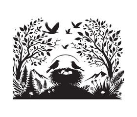 NatureNest Illustrations vector art graphic resources silhouette vector style, white background