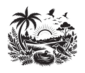 NatureNest Illustrations vector art graphic resources silhouette vector style, white background
