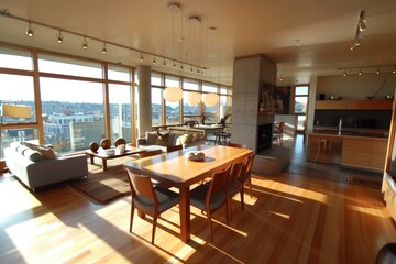 Interior Condo. Open Floor Plan Architecture with Family Dining Area in Downtown Seattle