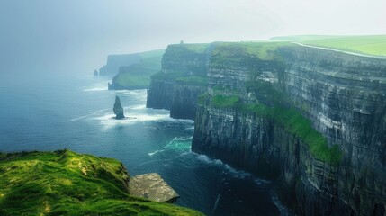Ireland Cliffs. Stunning Landscape of Cliffs of Moher in County Clare with Green Grass and Wild Irish Nature