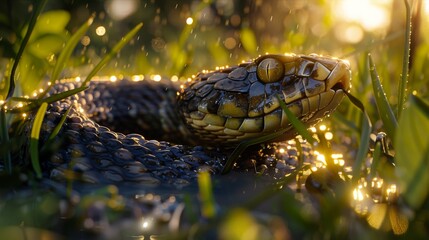 Fototapeta premium A Snake Laying in the Grass with Sunlight Shining on Its Head and Body - Generative AI