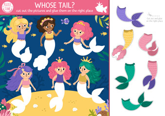 Vector mermaid cut and glue activity. Crafting game with cute underwater landscape with sea princess colored tails. Fun marine printable worksheet for children. Find the right piece of the puzzle.