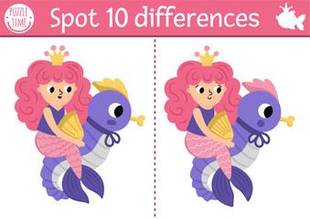 Find differences game for children. Mermaid educational activity with sea princess riding seahorse. Cute puzzle for kids with funny girl with tail. Printable worksheet or page for logic and attention