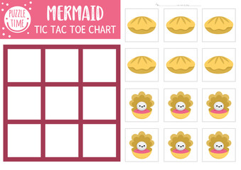 Vector mermaid tic tac toe chart with seashell and pearl. Ocean kingdom board game playing field with cute characters. Funny marine fairytale printable worksheet. Noughts and crosses grid .