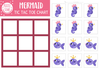 Vector mermaid tic tac toe chart with purple fish and seahorse. Ocean kingdom board game playing field with cute characters. Funny marine fairytale printable worksheet. Noughts and crosses grid .