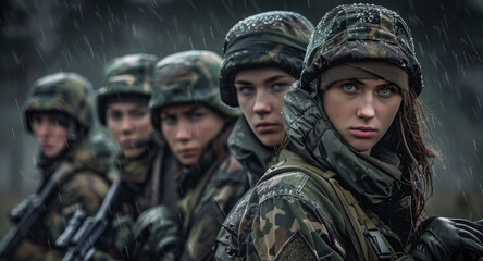 Fototapeta premium Determined Young Woman Soldier in Camouflage Under Rain. Generative ai