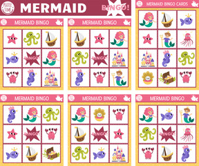 Vector mermaid bingo cards set. Fun family lotto board game with cute sea princess, castle, merman, fish for kids. Ocean kingdom lottery activity. Simple marine educational printable worksheet.
