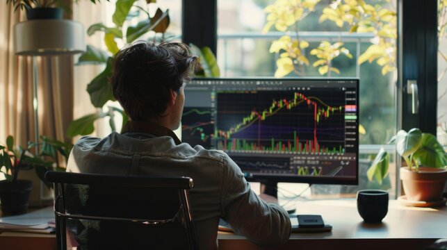 Trader analyzing stock market data on a computer at home. Concept of work from home, trading, investment, and technology.