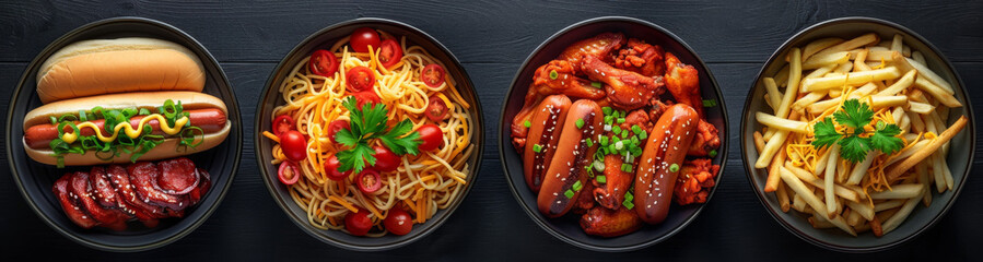 four plates with hot dogs, french fries and chicken wings on a white background, top view, photo realistic, in the style of Chinese artist.