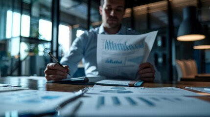 Fototapeta premium Business professional analyzing financial charts and graphs in a modern office setting, representing data-driven decision-making and strategy planning.