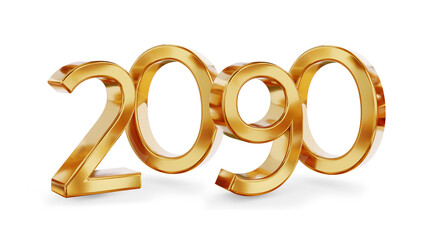 2090, number golden metallic, new year change, 3d-illustration, gold colored icon as symbol, isolated
